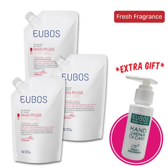 EUBOS Liquid Red Washing Emulsion Refill  Pack x3 FREE Hand Cream Sample