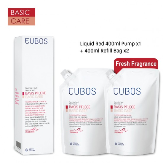 EUBOS WASHING EMULSION (RED)  400ml x1 Pump + 2 x 400ml Refill Bag 
