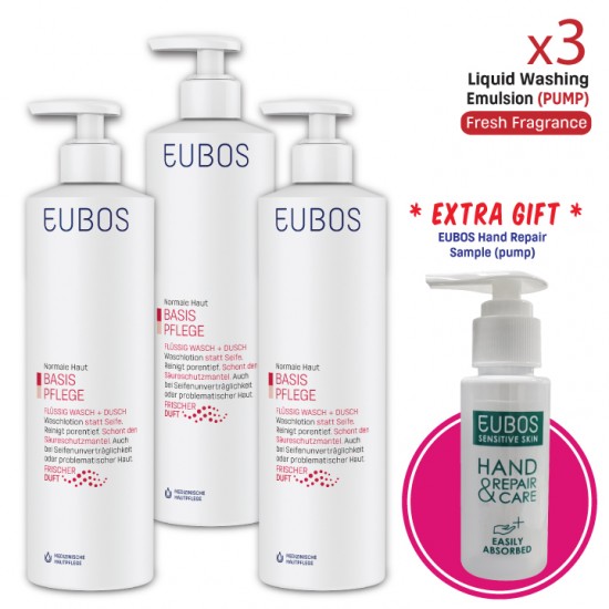 EUBOS Liquid Red Washing Emulsion Pump x3 FREE Hand Cream Sample