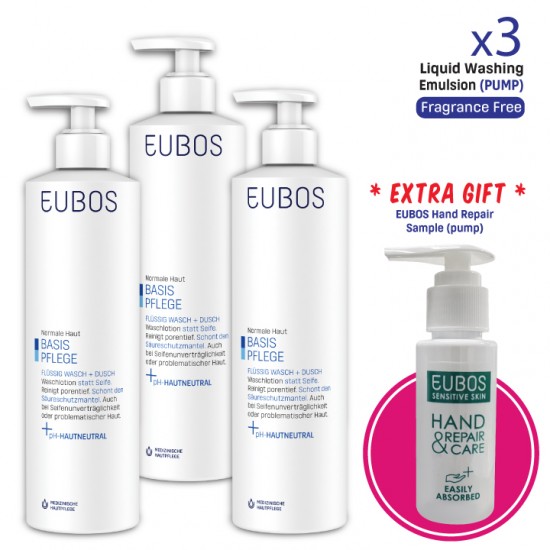 EUBOS Liquid Blue Washing Emulsion Pump x3 FREE Hand Cream Sample