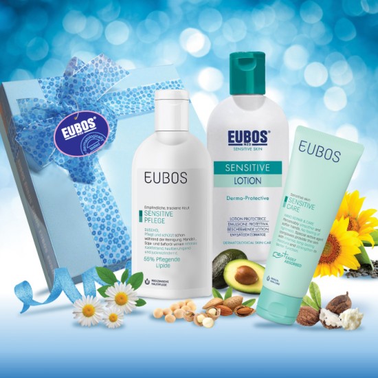 EUBOS SENSITIVE SHOWER OIL 200ml, LOTION 200ml and HAND CREAM 75ml  (Premium Gift - Pack of 3)